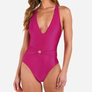 L'Agence Shimmer Solids Lisa Plunge One-Piece Swimsuit Fuchsia  Small NEW